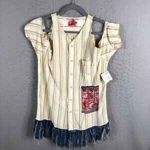 Cowboy Girl Shirt Womens Large Yellow Striped Denim Fringe Rodeo Patch Western